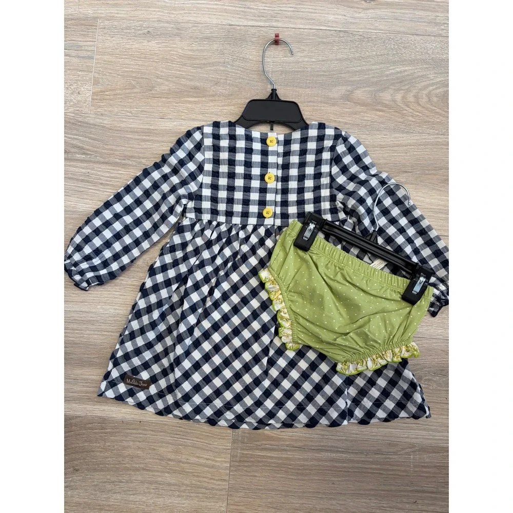 Matilda Jane Enchanted Garden Gingham & Giggles Dress Bloomers Set Navy 12-18M